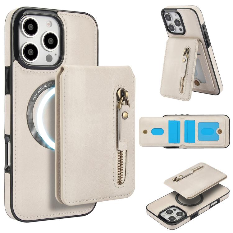 For iPhone 16 Pro Zipper Wallet Split MagSafe Leather Back Phone Case(White) - iPhone 16 Pro Cases by buy2fix | Online Shopping UK | buy2fix