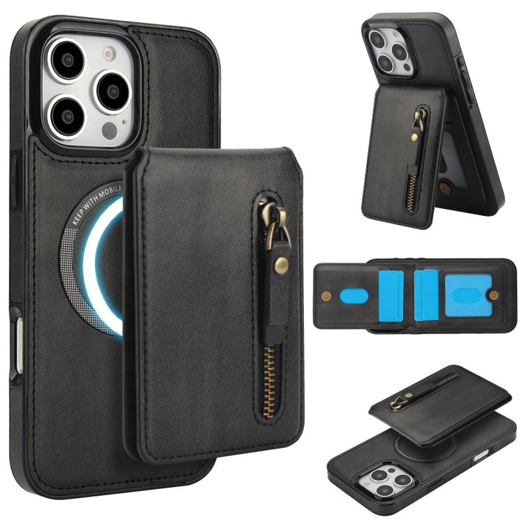 For iPhone 16 Pro Zipper Wallet Split MagSafe Leather Back Phone Case(Black) - iPhone 16 Pro Cases by buy2fix | Online Shopping UK | buy2fix
