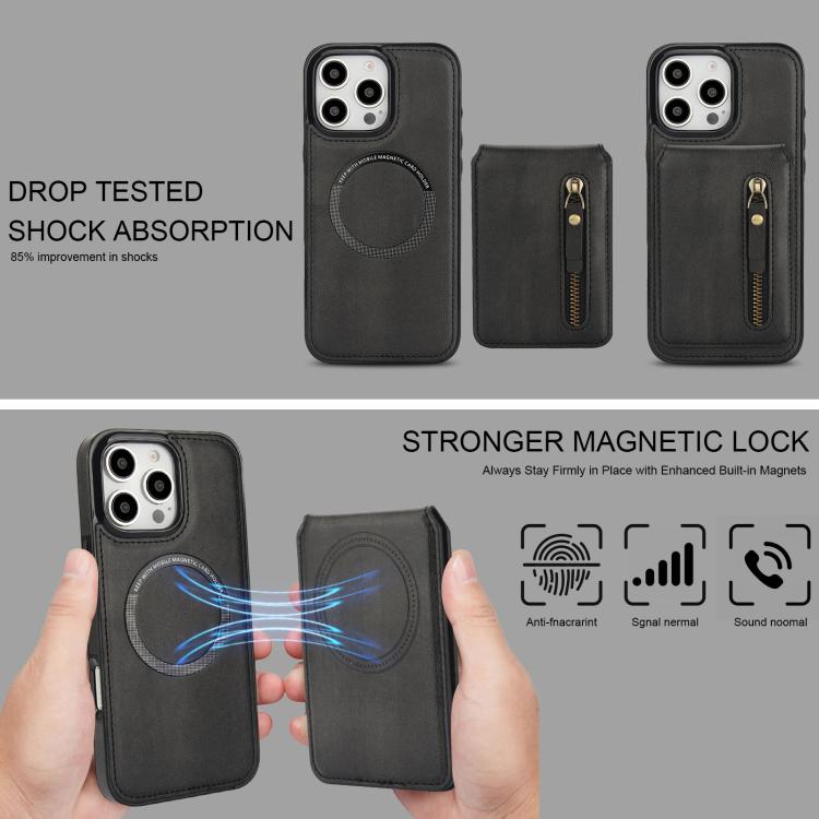 For iPhone 16 Pro Zipper Wallet Split MagSafe Leather Back Phone Case(Black) - iPhone 16 Pro Cases by buy2fix | Online Shopping UK | buy2fix