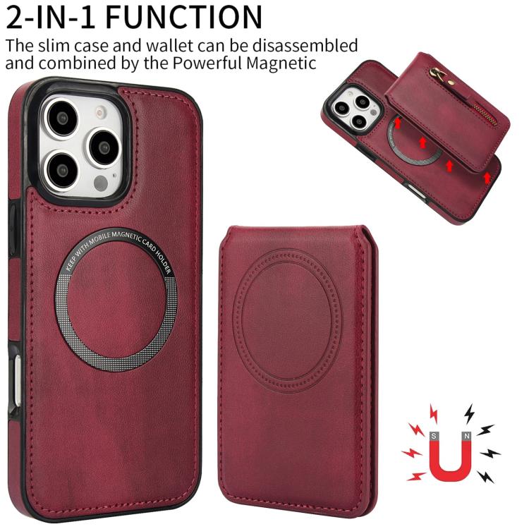 For iPhone 16 Pro Zipper Wallet Split MagSafe Leather Back Phone Case(Red) - iPhone 16 Pro Cases by buy2fix | Online Shopping UK | buy2fix