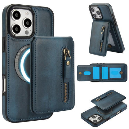 For iPhone 16 Pro Zipper Wallet Split MagSafe Leather Back Phone Case(Blue) - iPhone 16 Pro Cases by buy2fix | Online Shopping UK | buy2fix