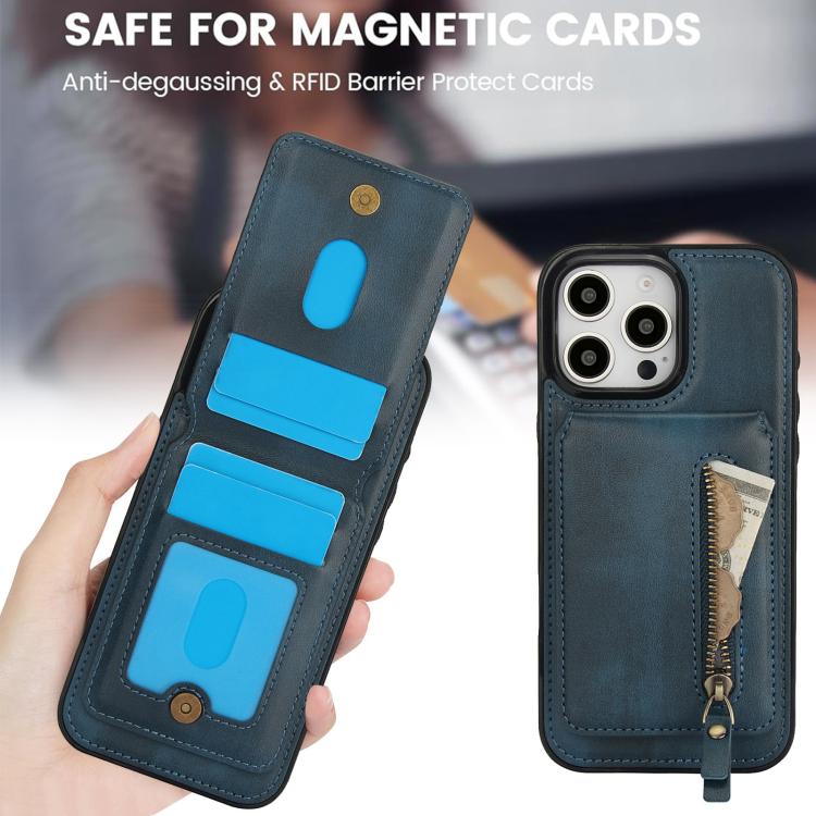 For iPhone 16 Pro Zipper Wallet Split MagSafe Leather Back Phone Case(Blue) - iPhone 16 Pro Cases by buy2fix | Online Shopping UK | buy2fix