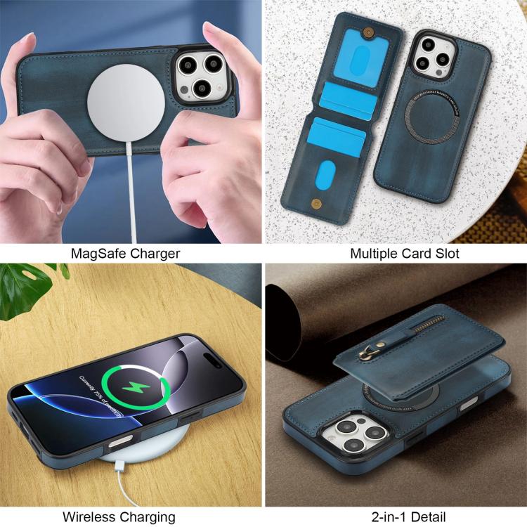 For iPhone 16 Pro Zipper Wallet Split MagSafe Leather Back Phone Case(Blue) - iPhone 16 Pro Cases by buy2fix | Online Shopping UK | buy2fix