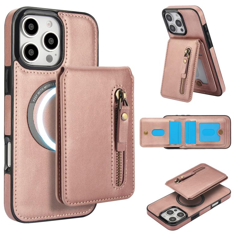 For iPhone 16 Pro Zipper Wallet Split MagSafe Leather Back Phone Case(Rose Gold) - iPhone 16 Pro Cases by buy2fix | Online Shopping UK | buy2fix
