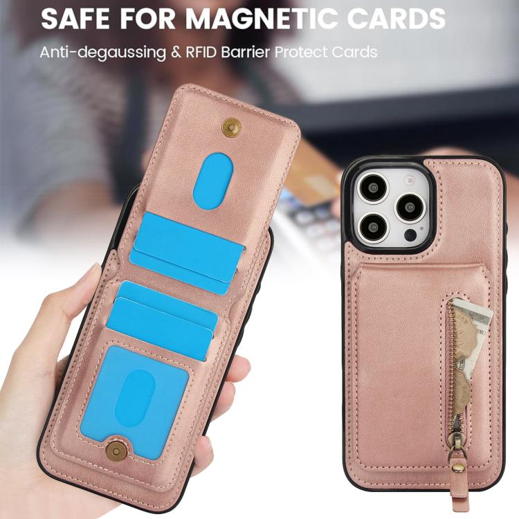 For iPhone 16 Pro Zipper Wallet Split MagSafe Leather Back Phone Case(Rose Gold) - iPhone 16 Pro Cases by buy2fix | Online Shopping UK | buy2fix