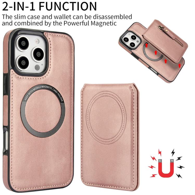For iPhone 16 Pro Zipper Wallet Split MagSafe Leather Back Phone Case(Rose Gold) - iPhone 16 Pro Cases by buy2fix | Online Shopping UK | buy2fix