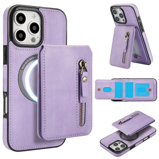 For iPhone 16 Pro Zipper Wallet Split MagSafe Leather Back Phone Case(Purple) - iPhone 16 Pro Cases by buy2fix | Online Shopping UK | buy2fix