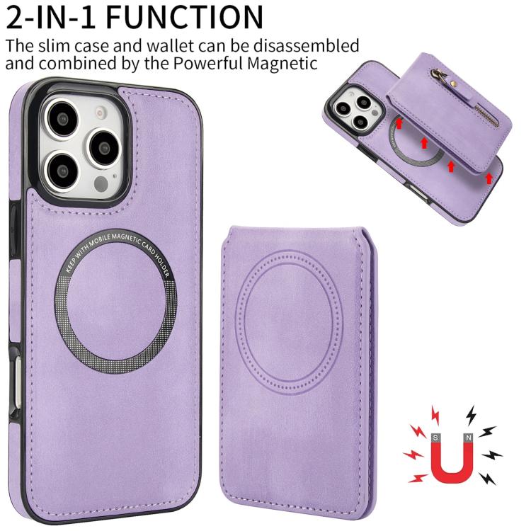 For iPhone 16 Pro Zipper Wallet Split MagSafe Leather Back Phone Case(Purple) - iPhone 16 Pro Cases by buy2fix | Online Shopping UK | buy2fix