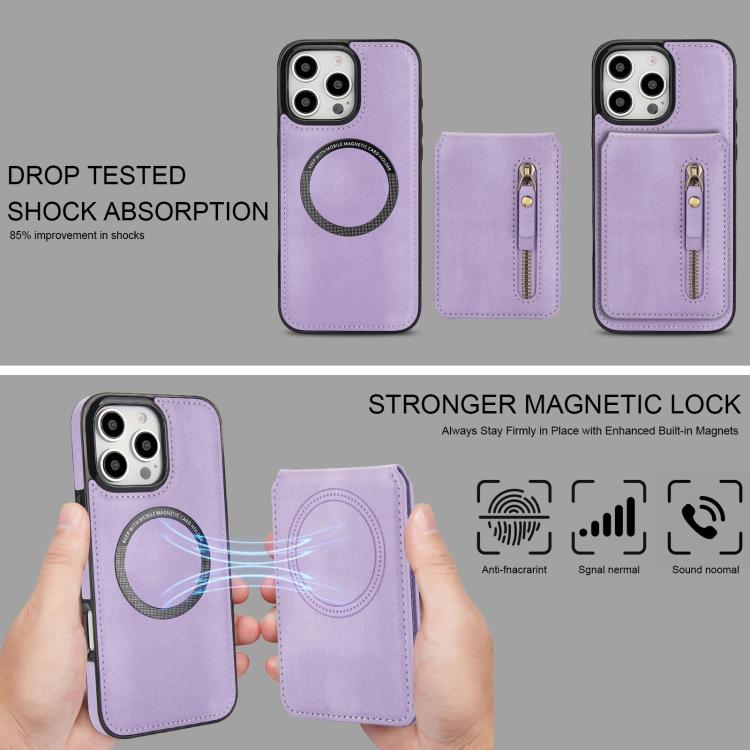 For iPhone 16 Pro Zipper Wallet Split MagSafe Leather Back Phone Case(Purple) - iPhone 16 Pro Cases by buy2fix | Online Shopping UK | buy2fix