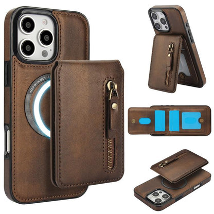 For iPhone 16 Pro Zipper Wallet Split MagSafe Leather Back Phone Case(Brown) - iPhone 16 Pro Cases by buy2fix | Online Shopping UK | buy2fix