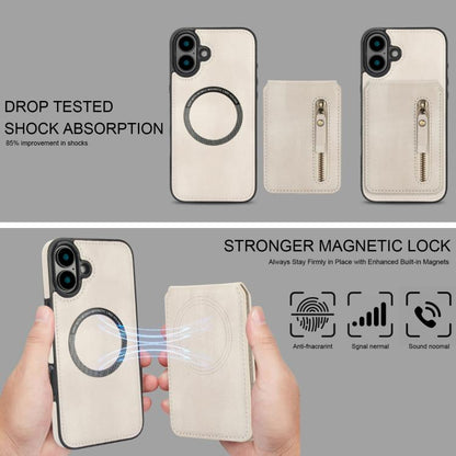 For iPhone 16 Plus Zipper Wallet Split MagSafe Leather Back Phone Case(White) - iPhone 16 Plus Cases by buy2fix | Online Shopping UK | buy2fix