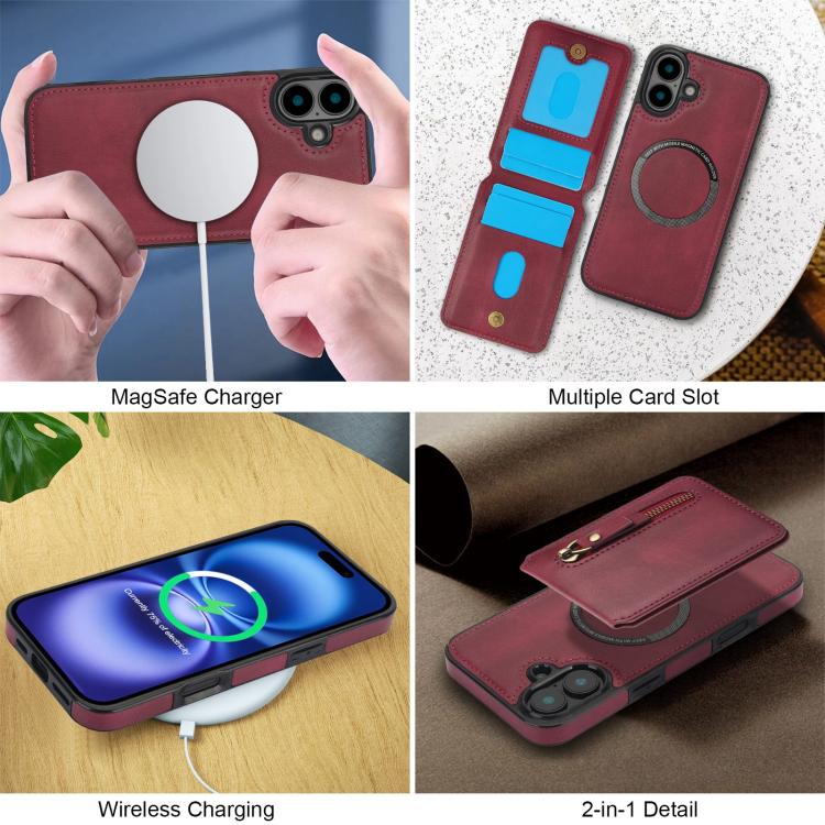 For iPhone 16 Plus Zipper Wallet Split MagSafe Leather Back Phone Case(Red) - iPhone 16 Plus Cases by buy2fix | Online Shopping UK | buy2fix