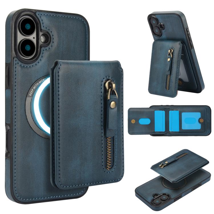 For iPhone 16 Plus Zipper Wallet Split MagSafe Leather Back Phone Case(Blue) - iPhone 16 Plus Cases by buy2fix | Online Shopping UK | buy2fix