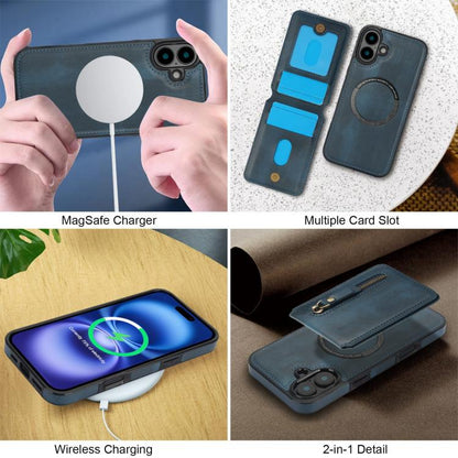 For iPhone 16 Plus Zipper Wallet Split MagSafe Leather Back Phone Case(Blue) - iPhone 16 Plus Cases by buy2fix | Online Shopping UK | buy2fix