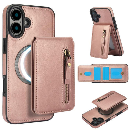 For iPhone 16 Plus Zipper Wallet Split MagSafe Leather Back Phone Case(Rose Gold) - iPhone 16 Plus Cases by buy2fix | Online Shopping UK | buy2fix