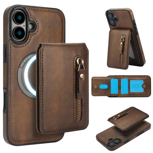 For iPhone 16 Plus Zipper Wallet Split MagSafe Leather Back Phone Case(Brown) - iPhone 16 Plus Cases by buy2fix | Online Shopping UK | buy2fix