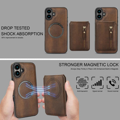 For iPhone 16 Plus Zipper Wallet Split MagSafe Leather Back Phone Case(Brown) - iPhone 16 Plus Cases by buy2fix | Online Shopping UK | buy2fix