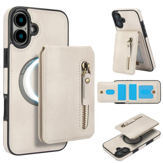 For iPhone 16 Zipper Wallet Split MagSafe Leather Back Phone Case(White) - iPhone 16 Cases by buy2fix | Online Shopping UK | buy2fix