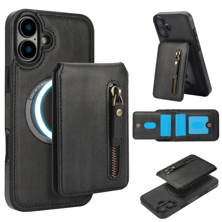For iPhone 16 Zipper Wallet Split MagSafe Leather Back Phone Case(Black) - iPhone 16 Cases by buy2fix | Online Shopping UK | buy2fix