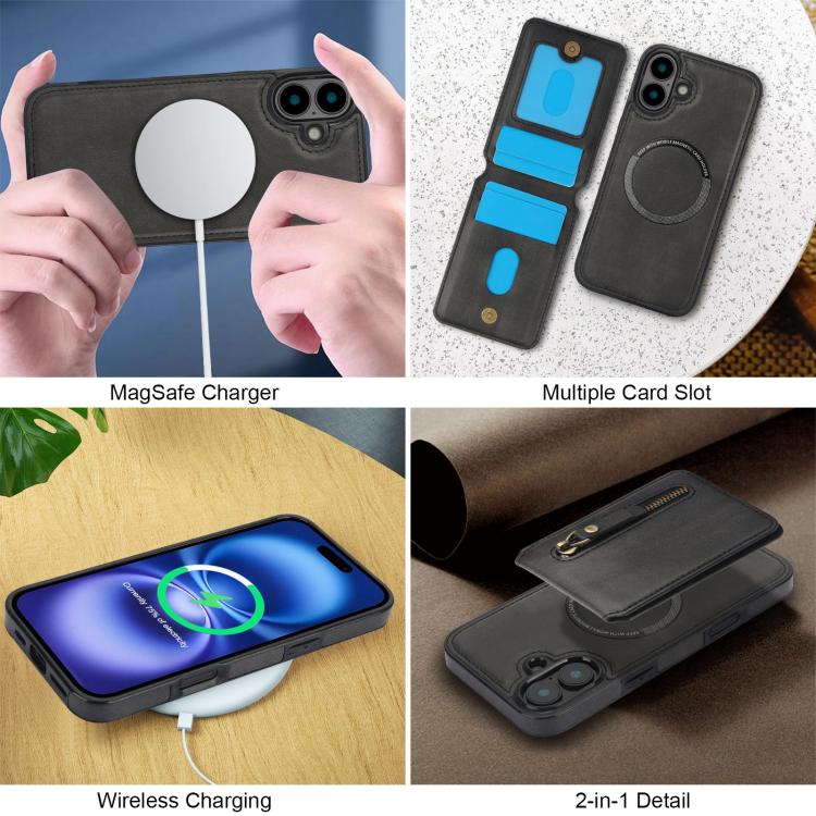 For iPhone 16 Zipper Wallet Split MagSafe Leather Back Phone Case(Black) - iPhone 16 Cases by buy2fix | Online Shopping UK | buy2fix