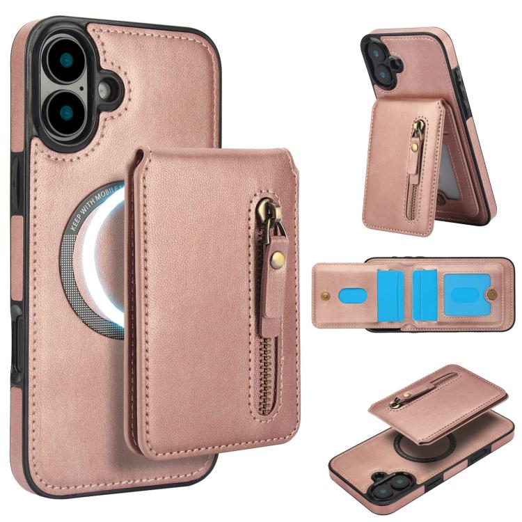 For iPhone 16 Zipper Wallet Split MagSafe Leather Back Phone Case(Rose Gold) - iPhone 16 Cases by buy2fix | Online Shopping UK | buy2fix