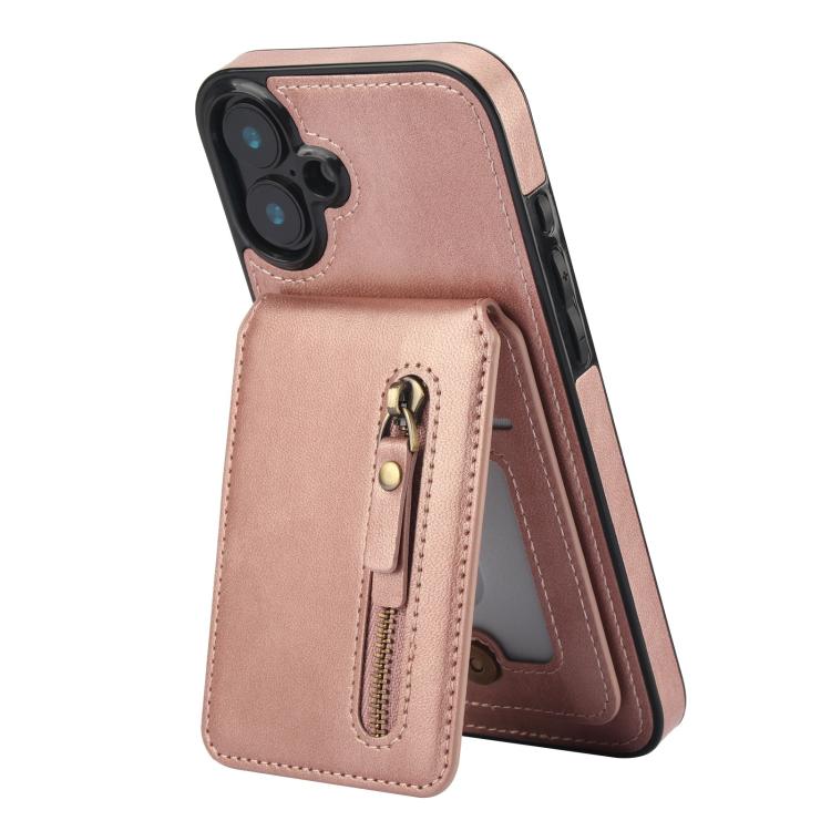 For iPhone 16 Zipper Wallet Split MagSafe Leather Back Phone Case(Rose Gold) - iPhone 16 Cases by buy2fix | Online Shopping UK | buy2fix