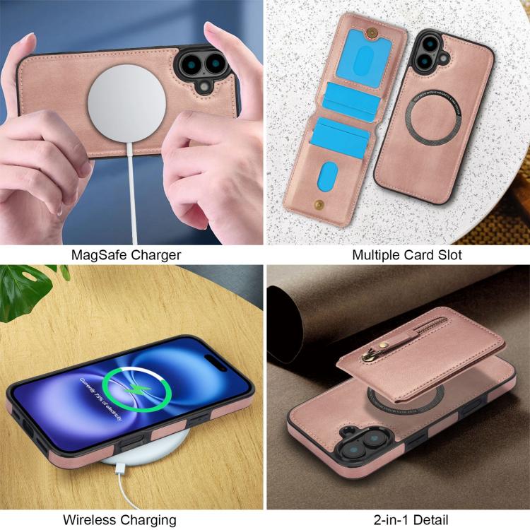 For iPhone 16 Zipper Wallet Split MagSafe Leather Back Phone Case(Rose Gold) - iPhone 16 Cases by buy2fix | Online Shopping UK | buy2fix