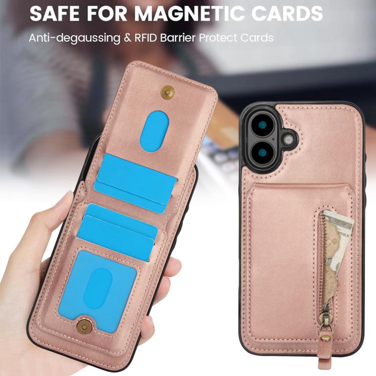 For iPhone 16 Zipper Wallet Split MagSafe Leather Back Phone Case(Rose Gold) - iPhone 16 Cases by buy2fix | Online Shopping UK | buy2fix
