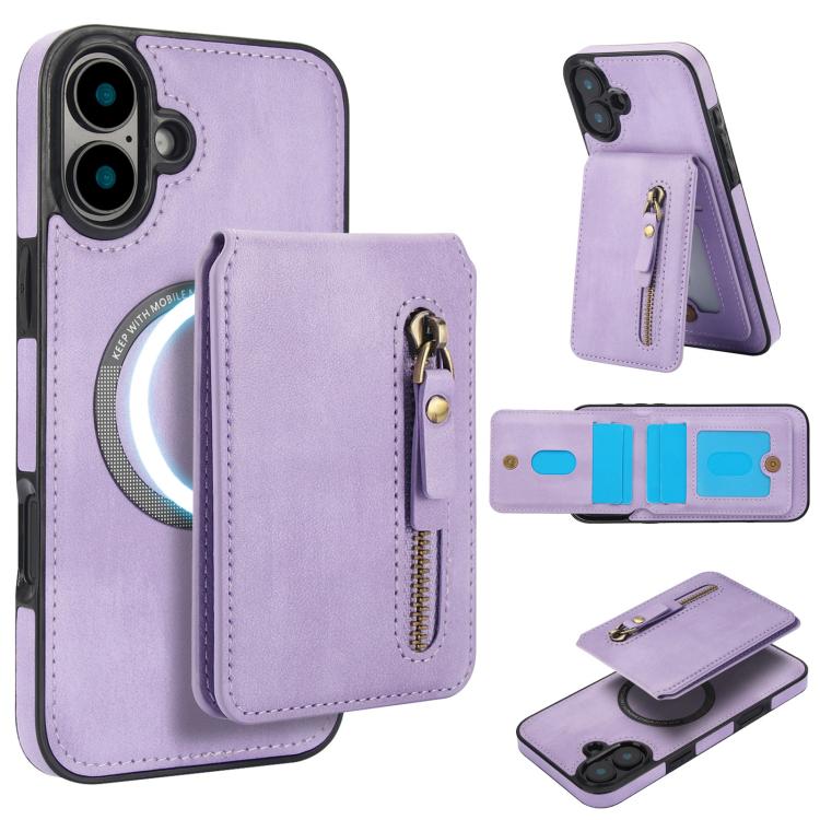 For iPhone 16 Zipper Wallet Split MagSafe Leather Back Phone Case(Purple) - iPhone 16 Cases by buy2fix | Online Shopping UK | buy2fix