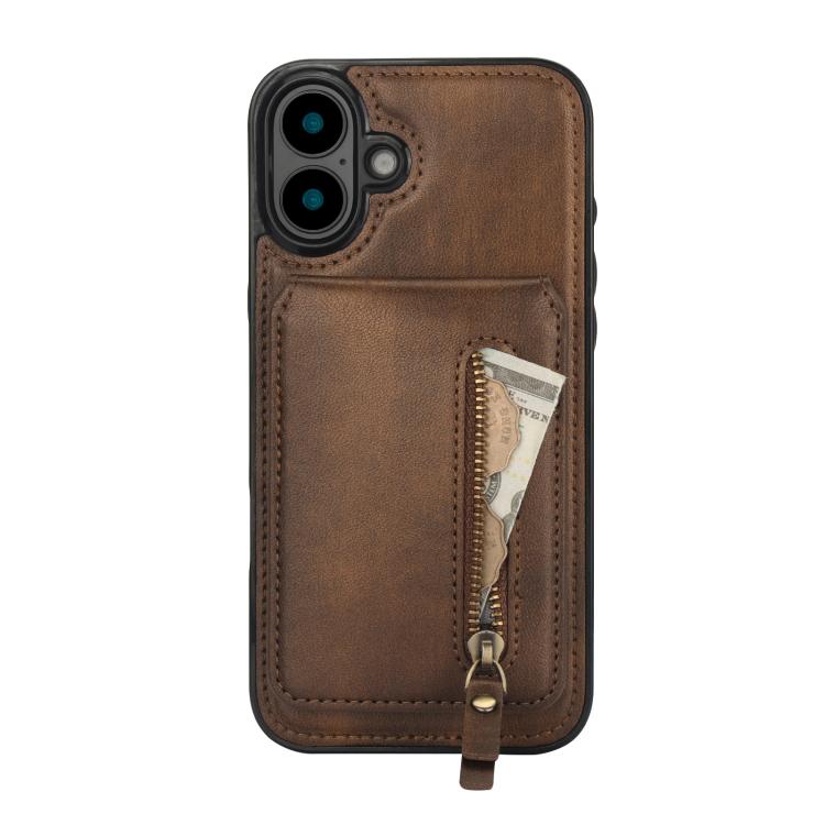 For iPhone 16 Zipper Wallet Split MagSafe Leather Back Phone Case(Brown) - iPhone 16 Cases by buy2fix | Online Shopping UK | buy2fix