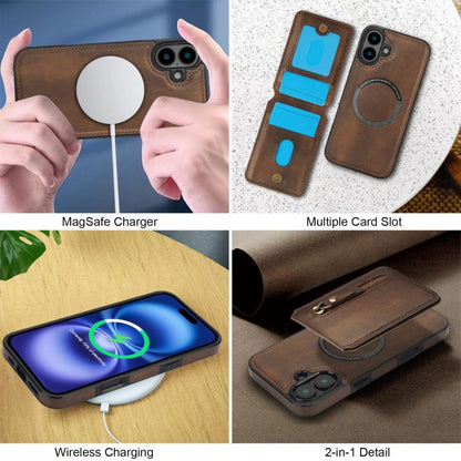For iPhone 16 Zipper Wallet Split MagSafe Leather Back Phone Case(Brown) - iPhone 16 Cases by buy2fix | Online Shopping UK | buy2fix