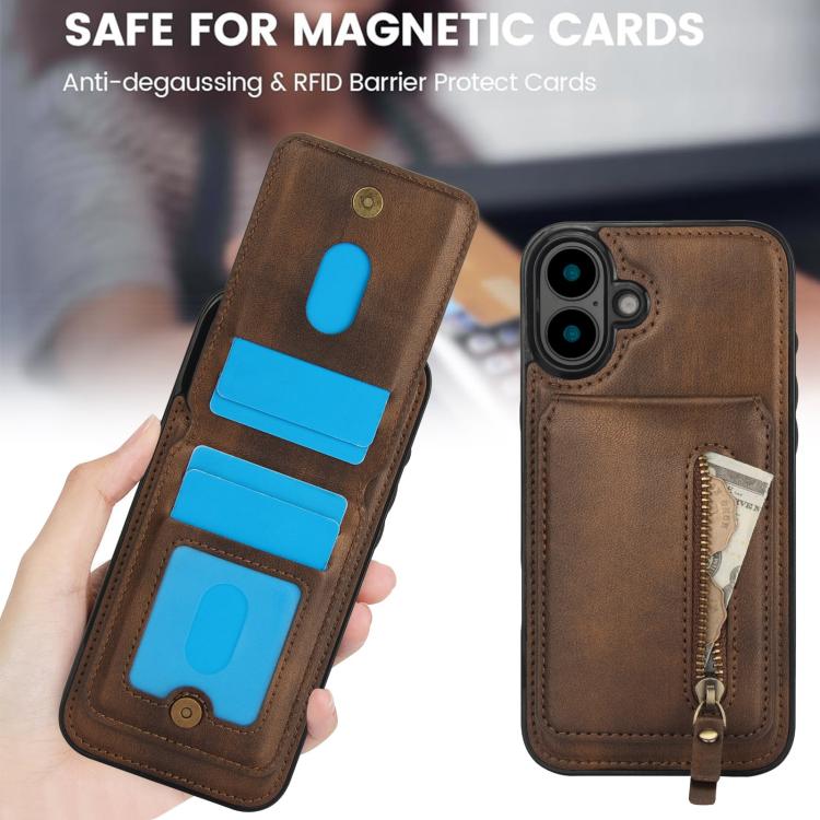 For iPhone 16 Zipper Wallet Split MagSafe Leather Back Phone Case(Brown) - iPhone 16 Cases by buy2fix | Online Shopping UK | buy2fix