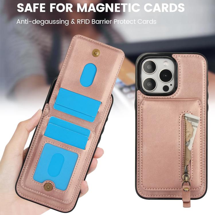 For iPhone 15 Pro Max Zipper Wallet Split MagSafe Leather Back Phone Case(Rose Gold) - iPhone 15 Pro Max Cases by buy2fix | Online Shopping UK | buy2fix