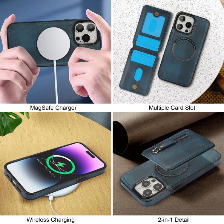 For iPhone 15 Pro Zipper Wallet Split MagSafe Leather Back Phone Case(Blue) - iPhone 15 Pro Cases by buy2fix | Online Shopping UK | buy2fix