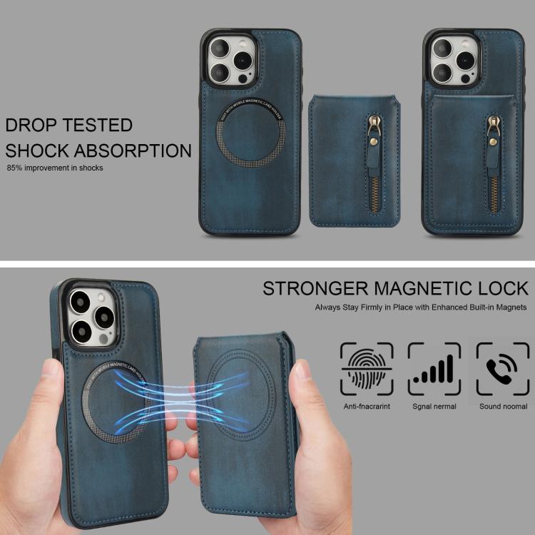 For iPhone 15 Pro Zipper Wallet Split MagSafe Leather Back Phone Case(Blue) - iPhone 15 Pro Cases by buy2fix | Online Shopping UK | buy2fix