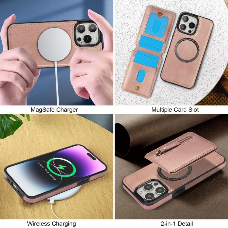 For iPhone 15 Pro Zipper Wallet Split MagSafe Leather Back Phone Case(Rose Gold) - iPhone 15 Pro Cases by buy2fix | Online Shopping UK | buy2fix
