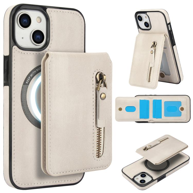 For iPhone 15 Plus Zipper Wallet Split MagSafe Leather Back Phone Case(White) - iPhone 15 Plus Cases by buy2fix | Online Shopping UK | buy2fix
