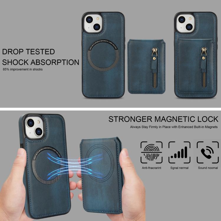 For iPhone 15 Plus Zipper Wallet Split MagSafe Leather Back Phone Case(Blue) - iPhone 15 Plus Cases by buy2fix | Online Shopping UK | buy2fix
