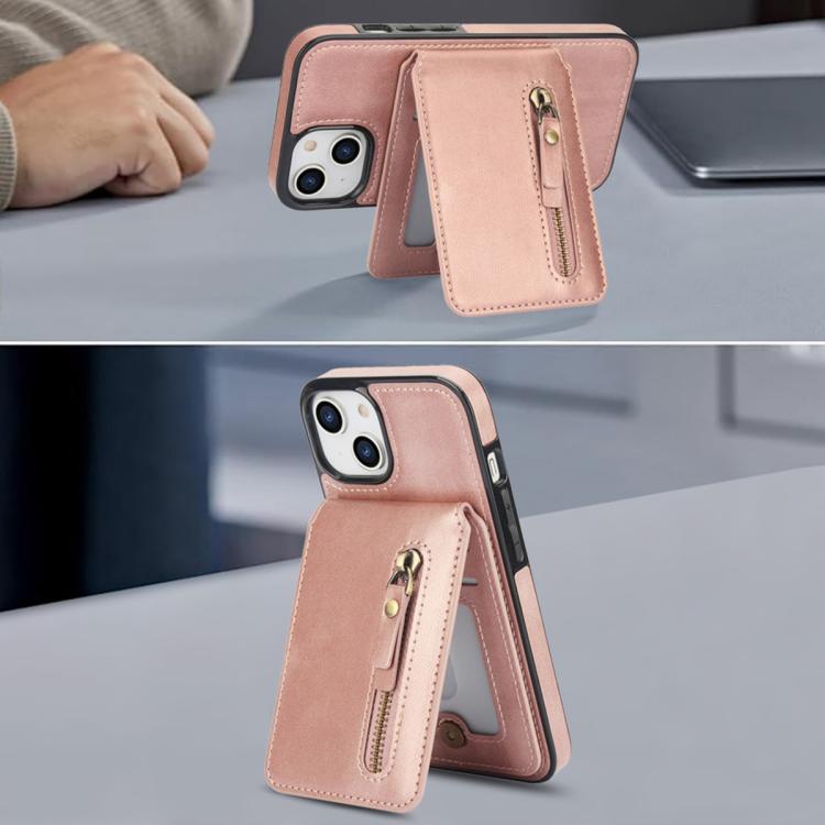 For iPhone 15 Plus Zipper Wallet Split MagSafe Leather Back Phone Case(Rose Gold) - iPhone 15 Plus Cases by buy2fix | Online Shopping UK | buy2fix