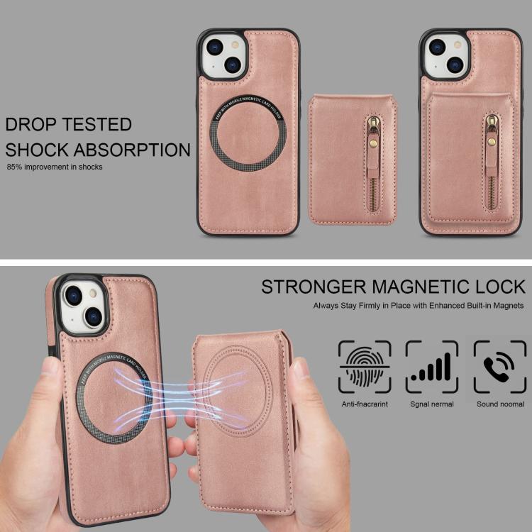 For iPhone 15 Plus Zipper Wallet Split MagSafe Leather Back Phone Case(Rose Gold) - iPhone 15 Plus Cases by buy2fix | Online Shopping UK | buy2fix