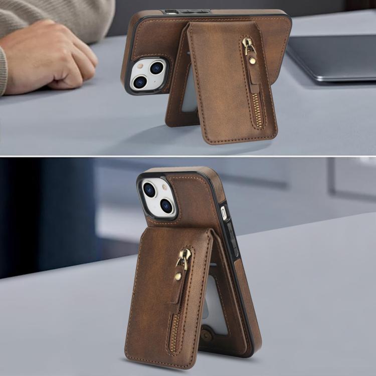 For iPhone 15 Plus Zipper Wallet Split MagSafe Leather Back Phone Case(Brown) - iPhone 15 Plus Cases by buy2fix | Online Shopping UK | buy2fix