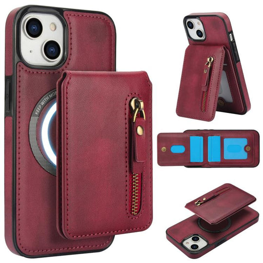 For iPhone 15 Zipper Wallet Split MagSafe Leather Back Phone Case(Red)