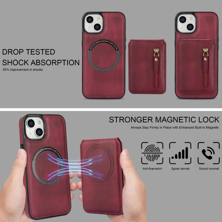 For iPhone 15 Zipper Wallet Split MagSafe Leather Back Phone Case(Red) - iPhone 15 Cases by buy2fix | Online Shopping UK | buy2fix