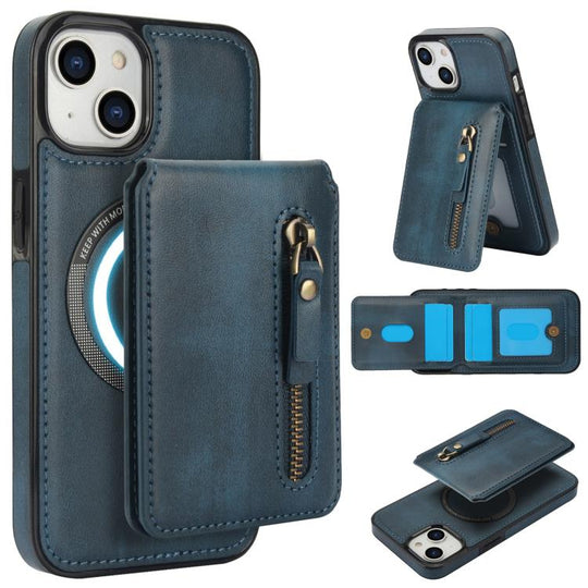 For iPhone 15 Zipper Wallet Split MagSafe Leather Back Phone Case(Blue)