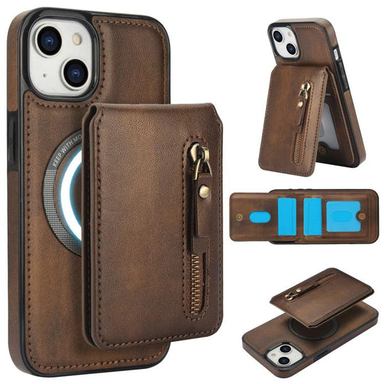 For iPhone 15 Zipper Wallet Split MagSafe Leather Back Phone Case(Brown)