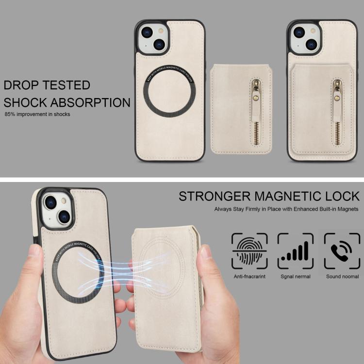 For iPhone 14 Plus Zipper Wallet Split MagSafe Leather Back Phone Case(White) - iPhone 14 Plus Cases by buy2fix | Online Shopping UK | buy2fix