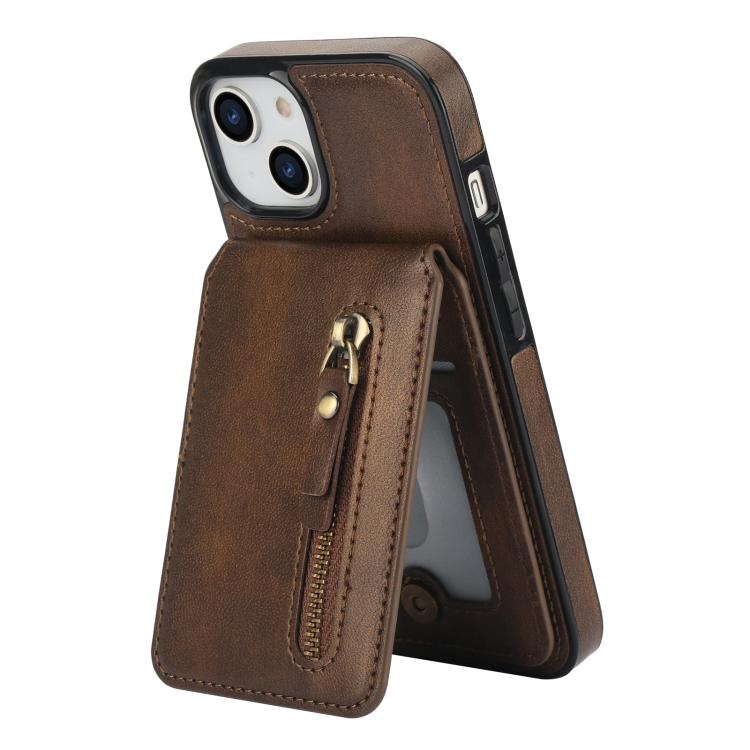 For iPhone 14 Plus Zipper Wallet Split MagSafe Leather Back Phone Case(Brown) - iPhone 14 Plus Cases by buy2fix | Online Shopping UK | buy2fix