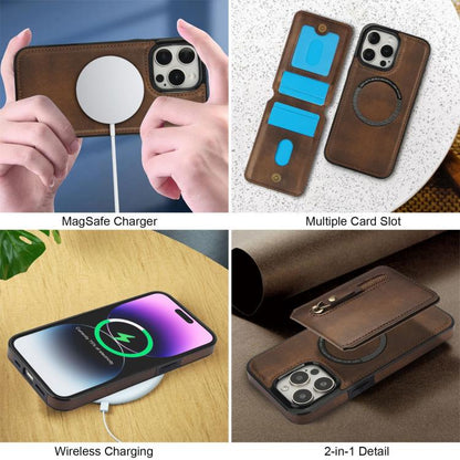 For iPhone 14 Pro Zipper Wallet Split MagSafe Leather Back Phone Case(Brown) - iPhone 14 Pro Cases by buy2fix | Online Shopping UK | buy2fix