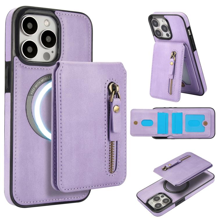For iPhone 14 Pro Max Zipper Wallet Split MagSafe Leather Back Phone Case(Purple) - iPhone 14 Pro Max Cases by buy2fix | Online Shopping UK | buy2fix