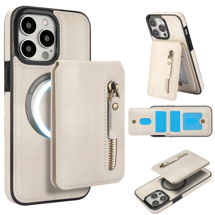 For iPhone 13 Pro Max Zipper Wallet Split MagSafe Leather Back Phone Case(White) - iPhone 13 Pro Max Cases by buy2fix | Online Shopping UK | buy2fix